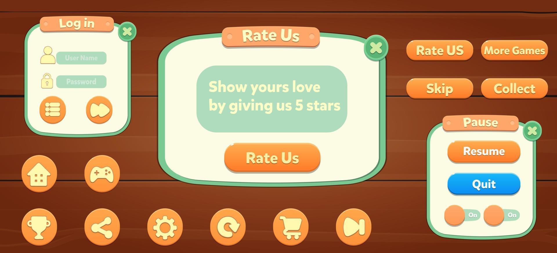 Casual Game UI menu popups with buttons and game assets vector
