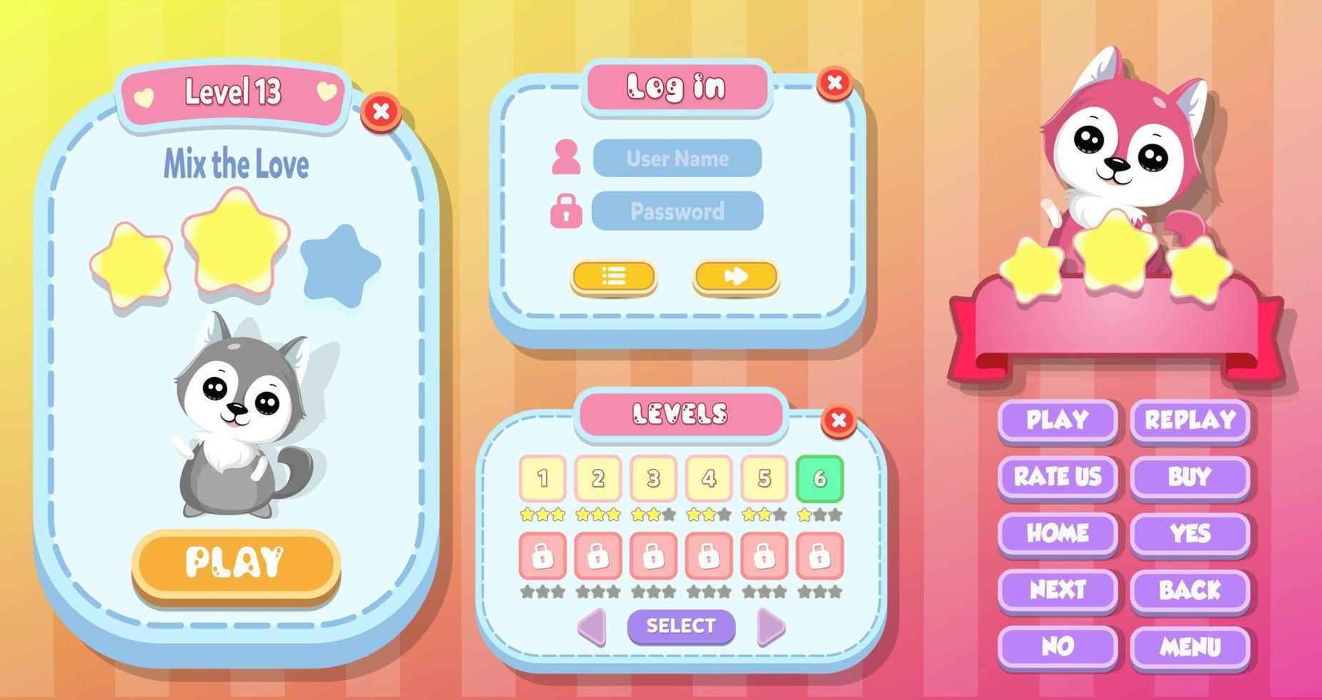 Casual Game UI menu popups with buttons and game assets vector