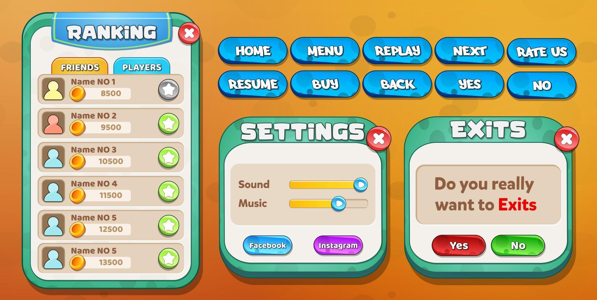 Casual Game UI menu popups with buttons and game assets vector