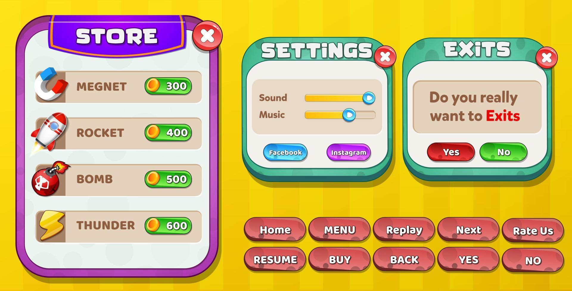 Casual Game UI menu popups with buttons and game assets vector