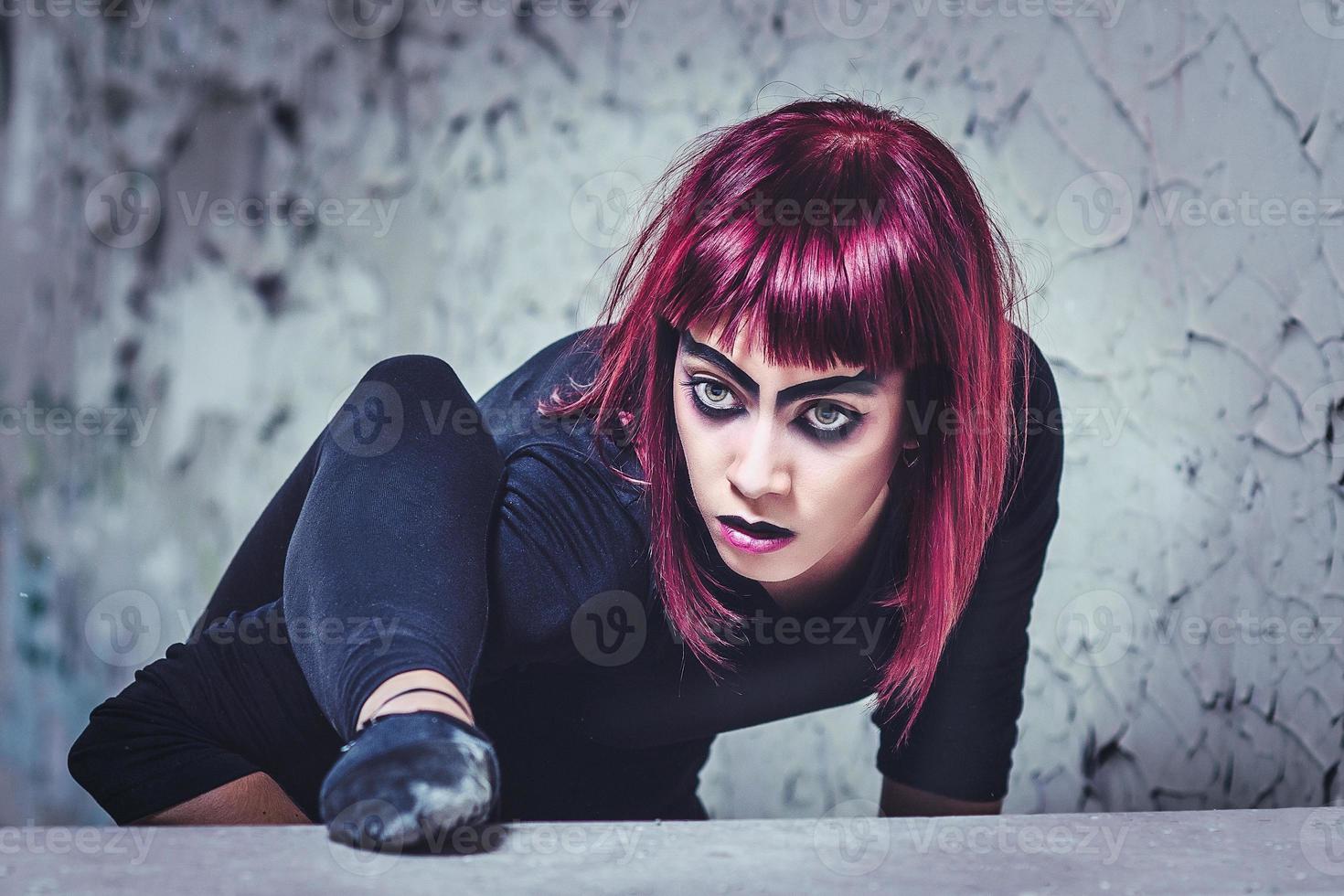 girl model in black with pink hair photo