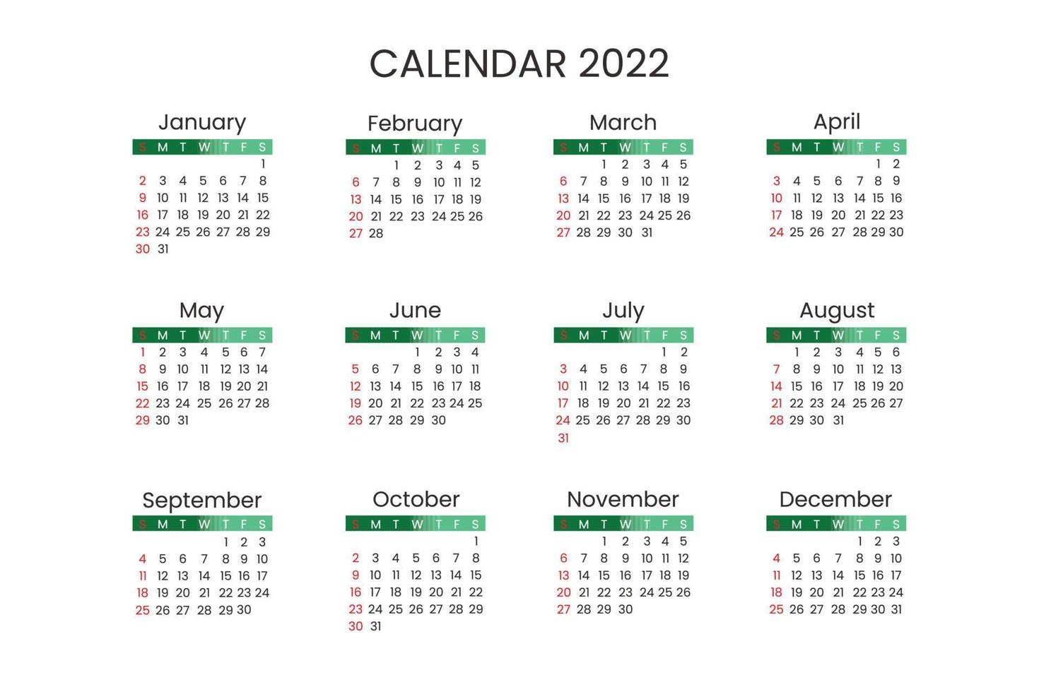 plantilla simple calendario 2022 color degradado verde vector