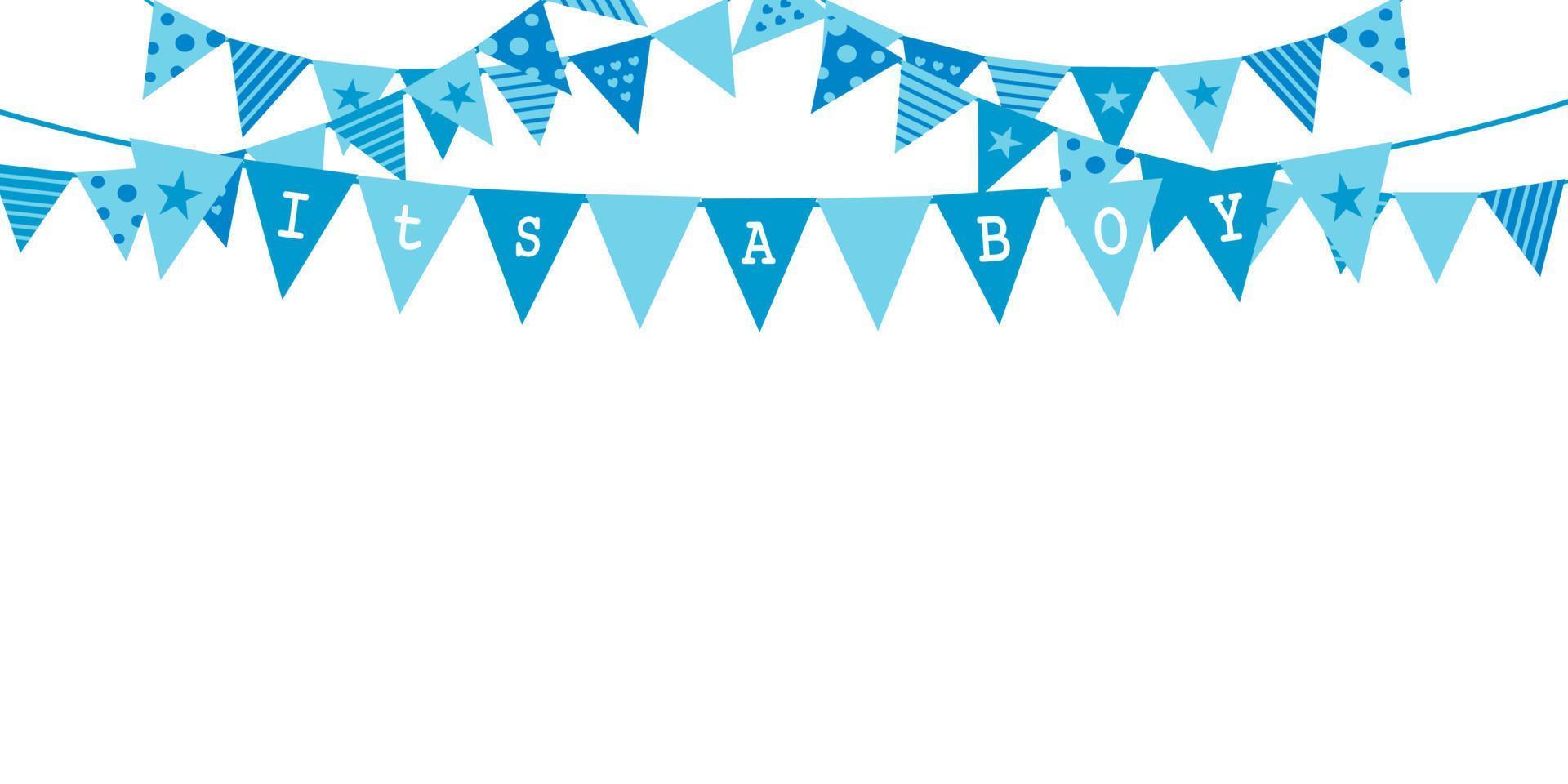 Es un concepto de baby shower para niños con banderines azules colgando arriba. ilustración vectorial. bocadillo con mensaje hola. invitación de fiesta con guirnaldas de bandera de carnaval. vector