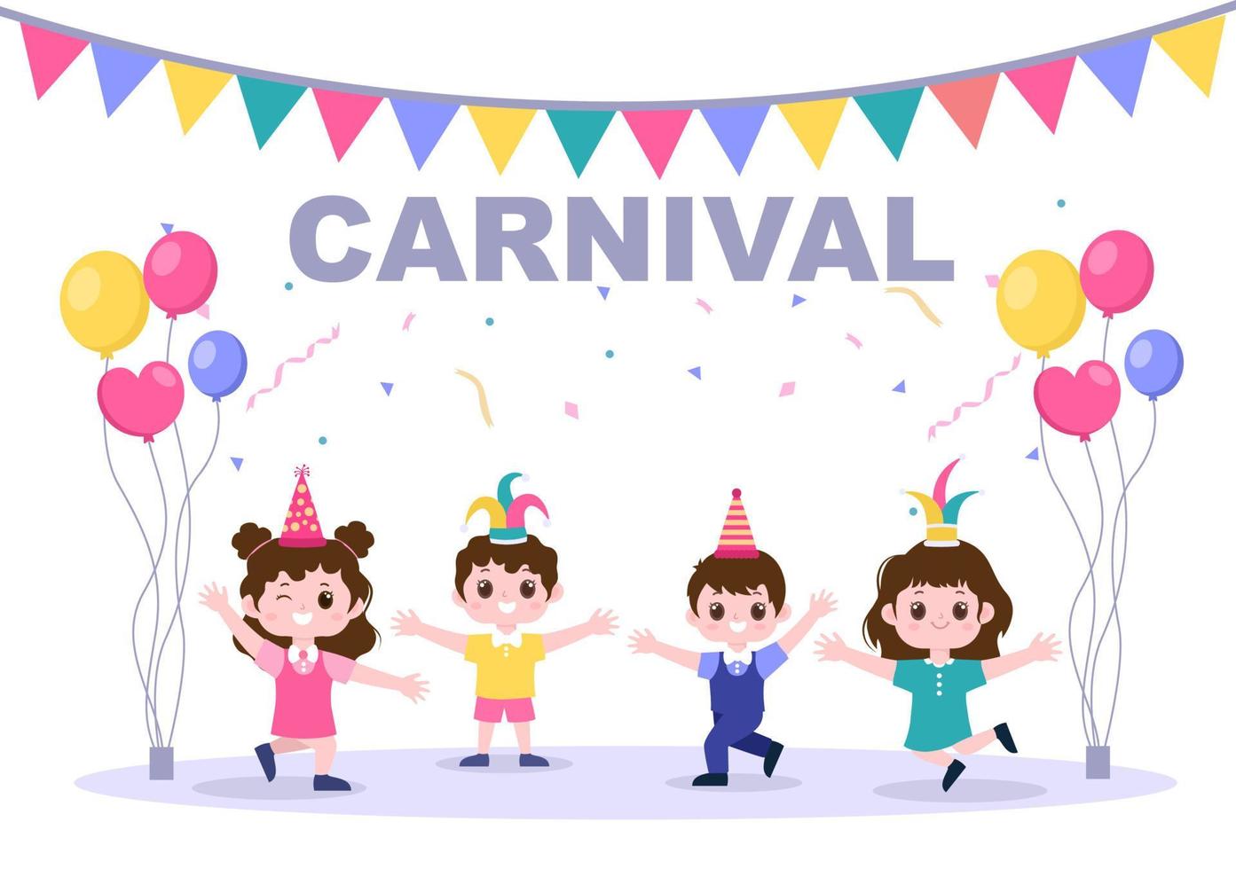 Ilustración de vector de fondo de celebración de carnaval feliz. festival de personas con fiesta colorida, confeti, baile, música y disfraces brillantes para póster