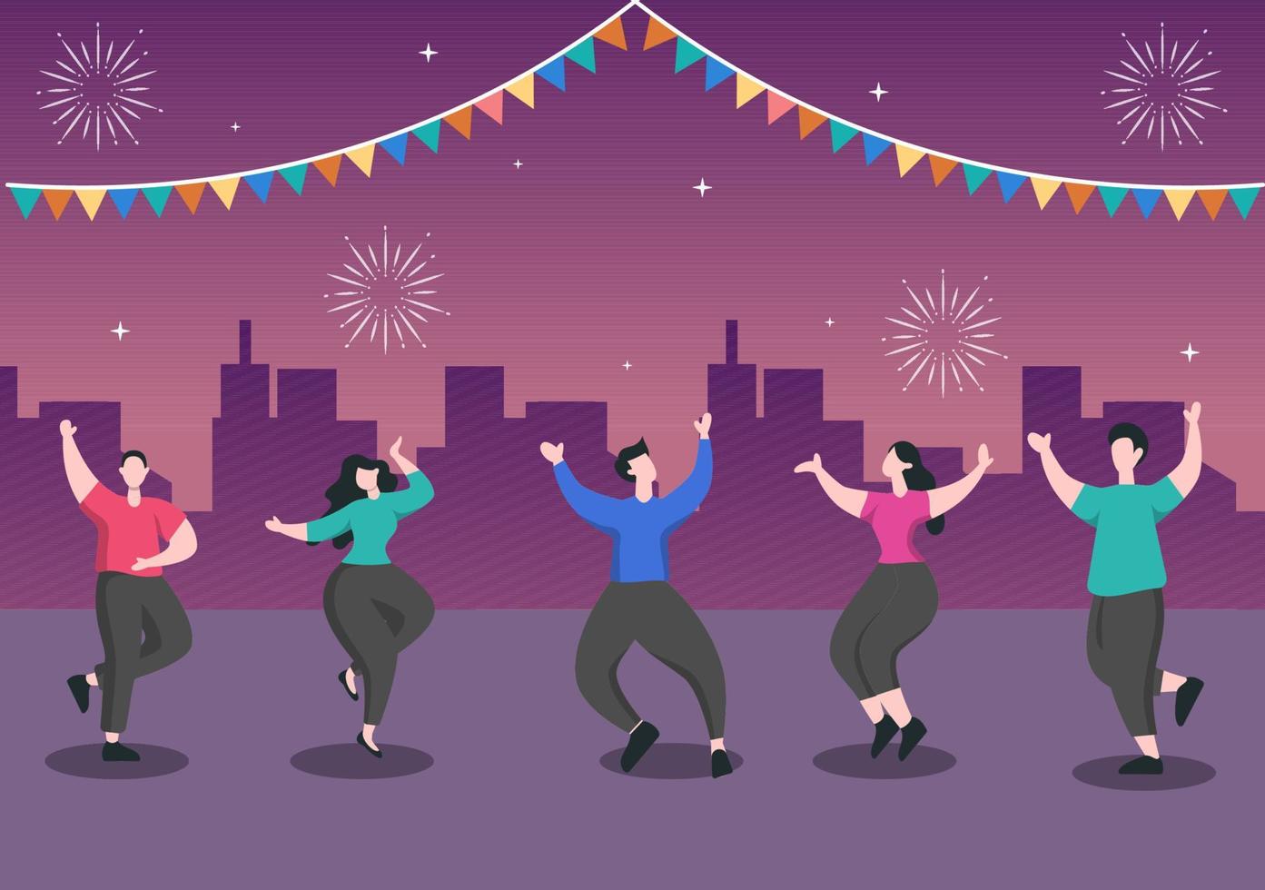 Ilustración de vector de fondo de celebración de carnaval feliz. festival de personas con fiesta colorida, confeti, baile, música y disfraces brillantes para póster