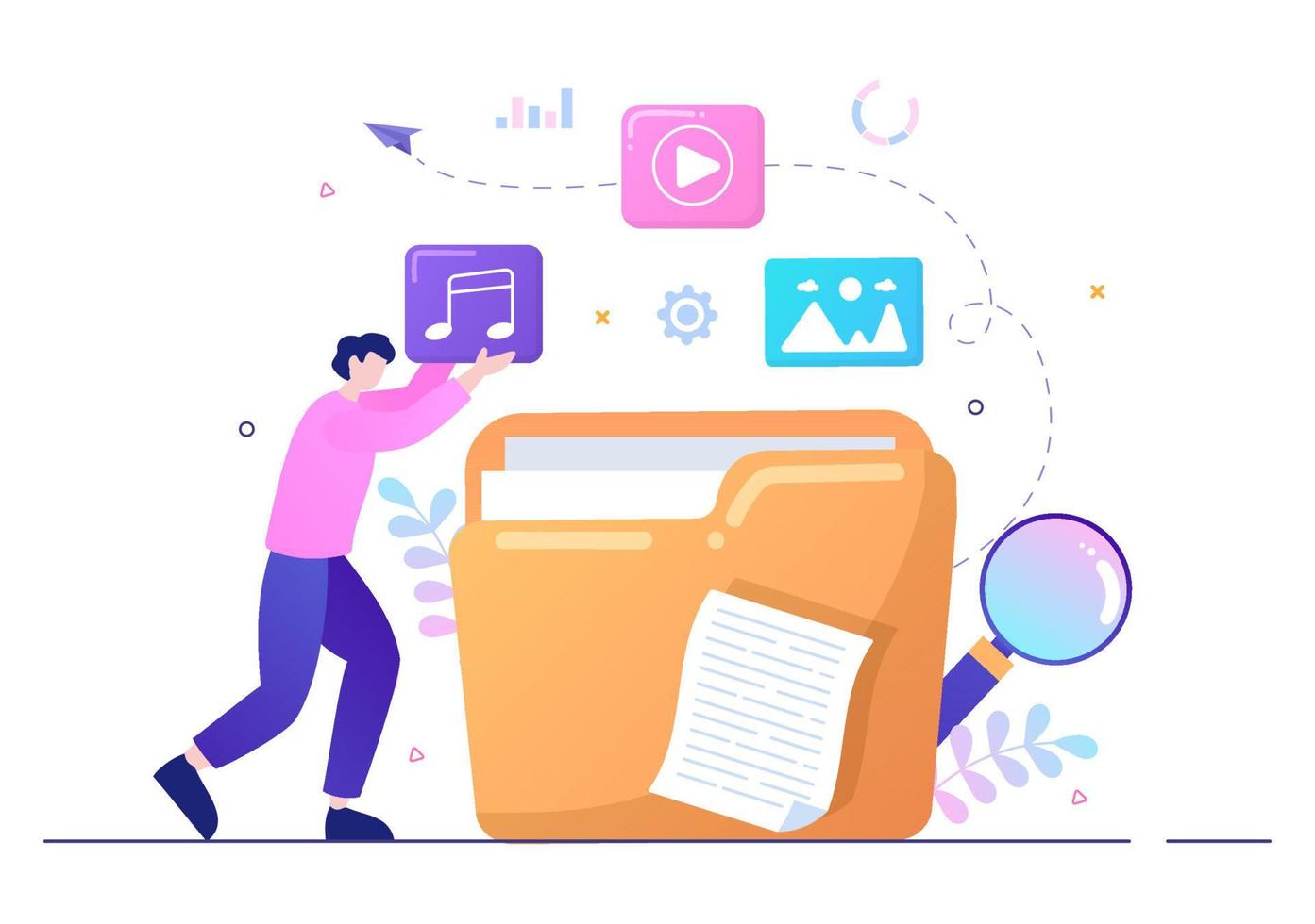 File Management System and Information Vector Illustration with People Holding Folder, Archive or Online Service for documents Storage and Organization