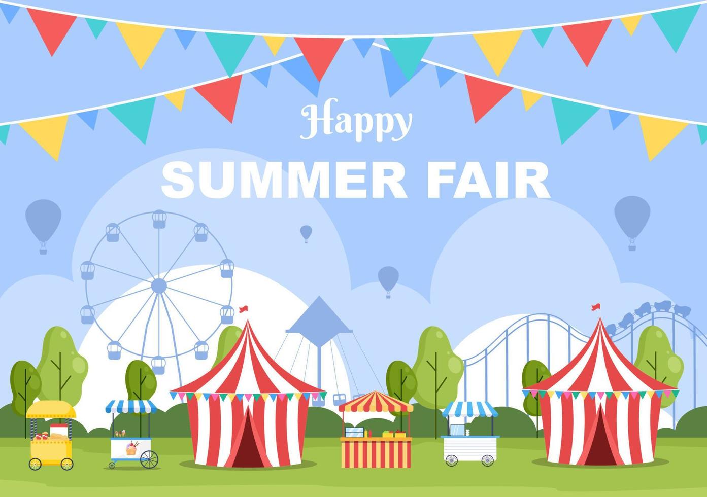 Summer Fair with Carnival, Circus, Funfair or Amusement Park. Landscape of Carousels, Roller Coaster, Air Balloon and Playground Vector Illustration