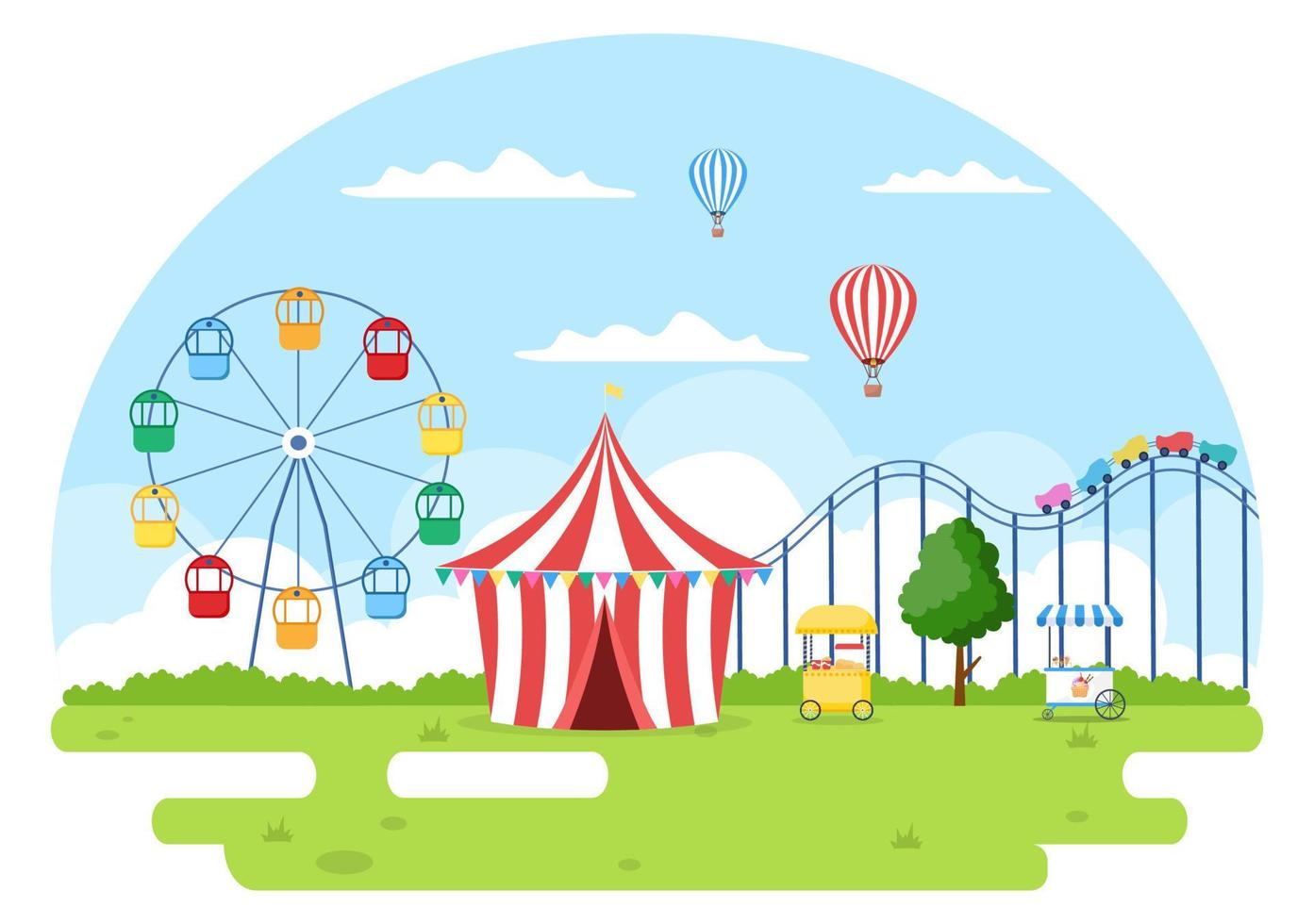 Summer Fair with Carnival, Circus, Funfair or Amusement Park. Landscape of Carousels, Roller Coaster, Air Balloon and Playground Vector Illustration