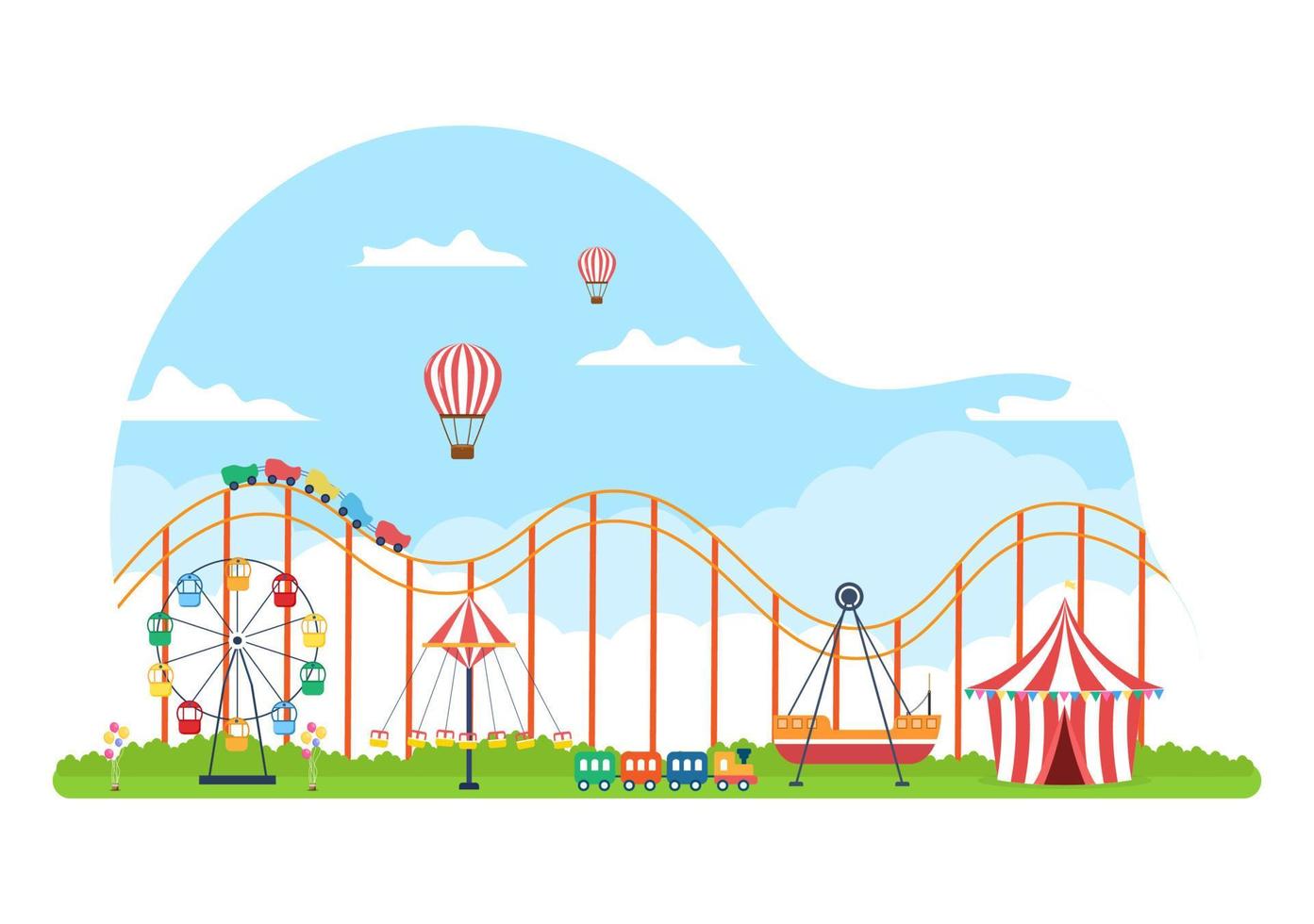 Summer Fair with Carnival, Circus, Funfair or Amusement Park. Landscape of Carousels, Roller Coaster, Air Balloon and Playground Vector Illustration