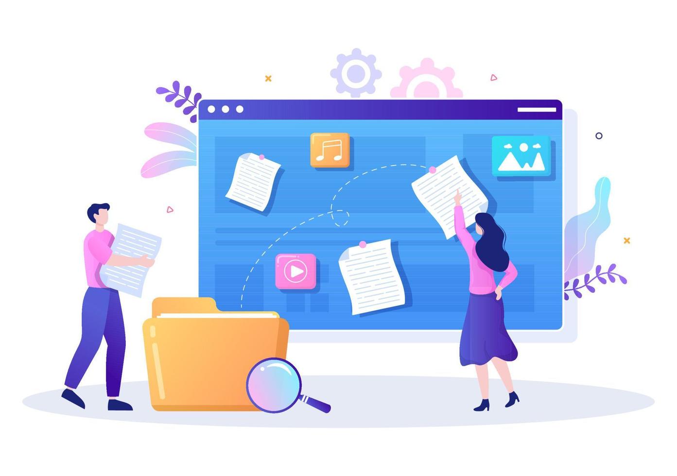 sistema de gestión de archivos e ilustración vectorial de información con personas que tienen carpetas, archivos o servicios en línea para el almacenamiento y la organización de documentos vector