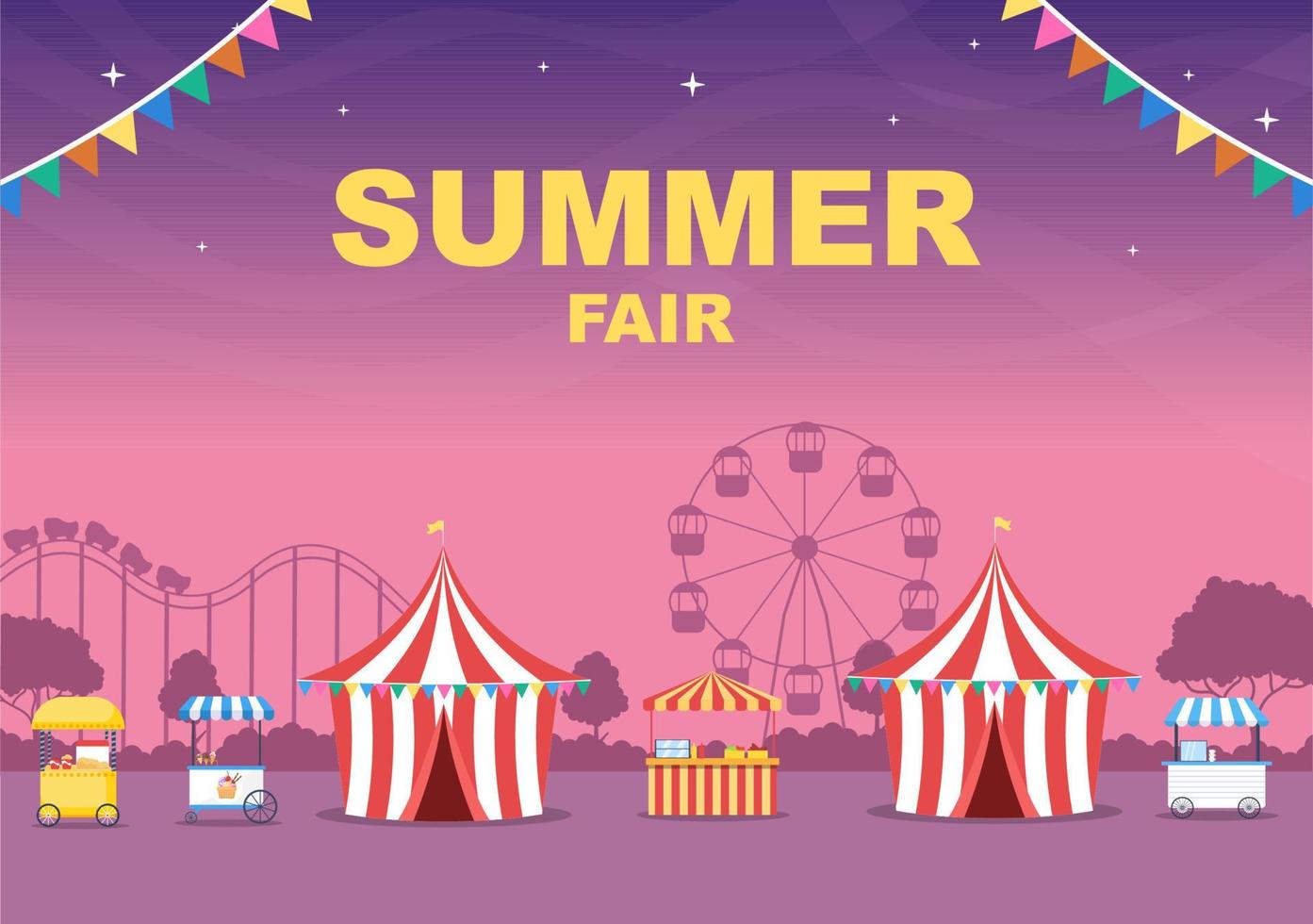 feria de verano con carnaval, circo, parque de atracciones o parque de atracciones. paisaje de carruseles, montaña rusa, globo aerostático y parque infantil ilustración vectorial vector