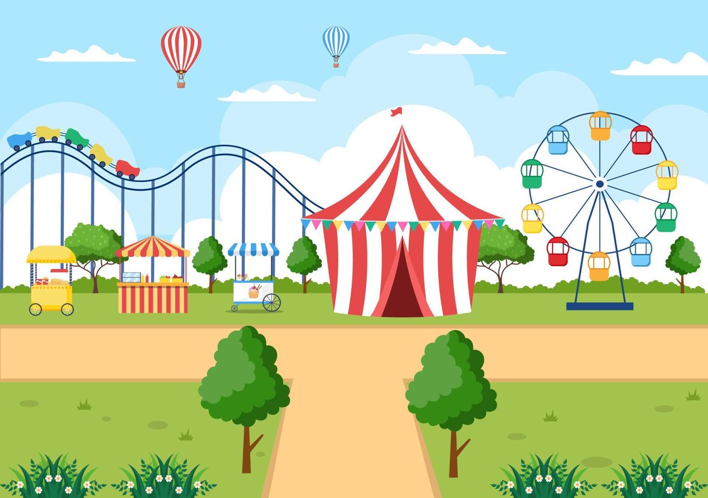Summer Fair with Carnival, Circus, Funfair or Amusement Park. Landscape of Carousels, Roller Coaster, Air Balloon and Playground Vector Illustration