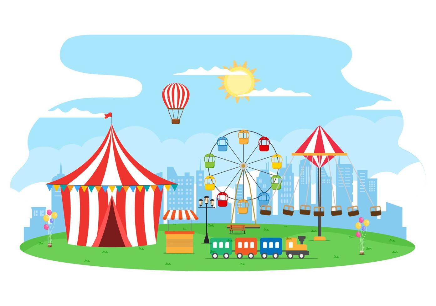 Summer Fair with Carnival, Circus, Funfair or Amusement Park. Landscape of Carousels, Roller Coaster, Air Balloon and Playground Vector Illustration