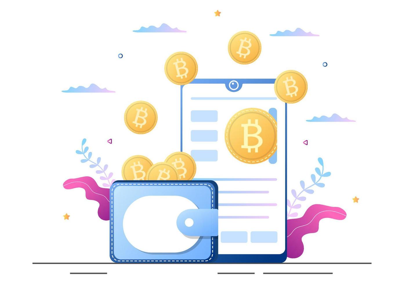 Aplicación de billetera de criptomonedas en dispositivos móviles de tecnología blockchain, bitcoin, mercado monetario, altcoins o intercambio financiero con tarjeta de crédito en ilustración vectorial plana vector