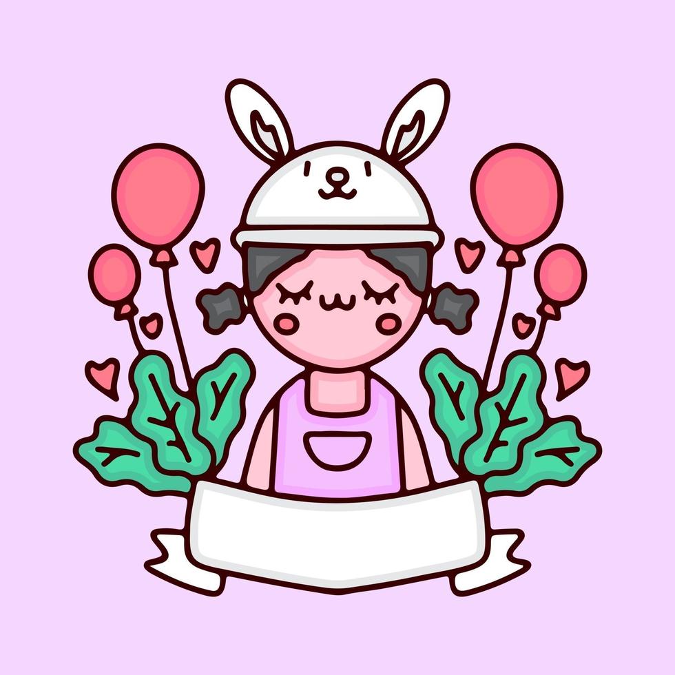 Kawaii little girl in bunny hat cartoon vector with balloons. Perfect for Nursery kids, greeting card, baby shower girl, fabric design.