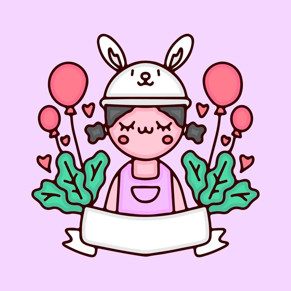 niña kawaii en vector de dibujos animados de sombrero de conejito con globos. perfecto para niños de guardería, tarjetas de felicitación, baby shower, diseño de tela.