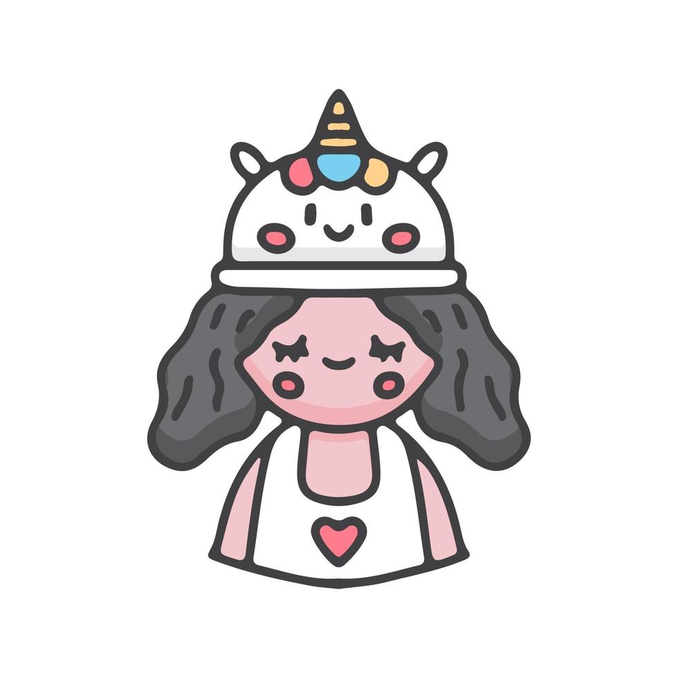 vector de dibujos animados de niña kawaii con sombrero de unicornio. perfecto para niños de guardería, tarjetas de felicitación, baby shower, diseño de tela.