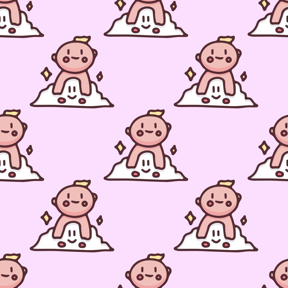 Kawaii baby in the cloud background seamless pattern. Perfect for Nursery kids, greeting card, baby shower girl, fabric design. vector