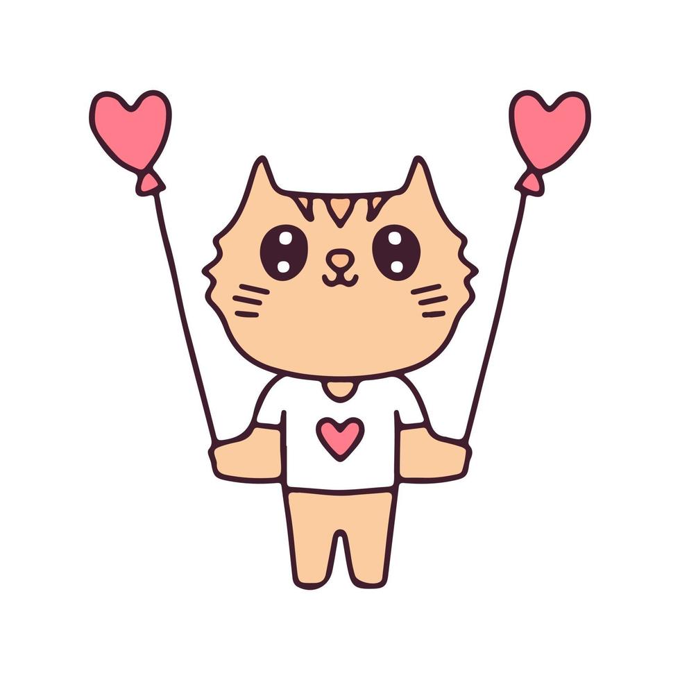 Kawaii cat cartoon vector holding heart balloons. Perfect for Nursery kids, greeting card, baby shower girl, fabric design.