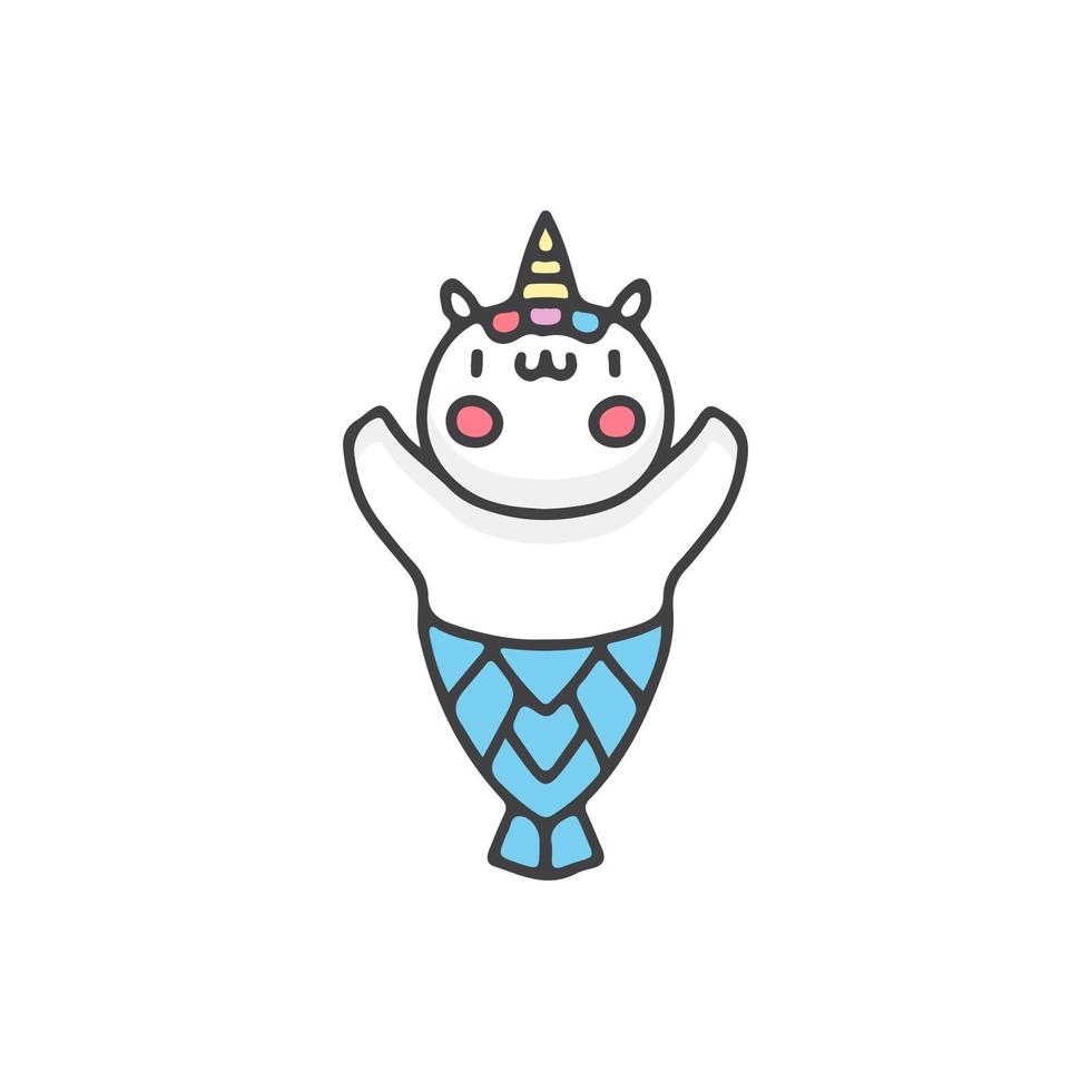 Kawaii unicornio sirena mascota de dibujos animados. ilustración para camisetas, carteles, logotipos, adhesivos o prendas de vestir. vector