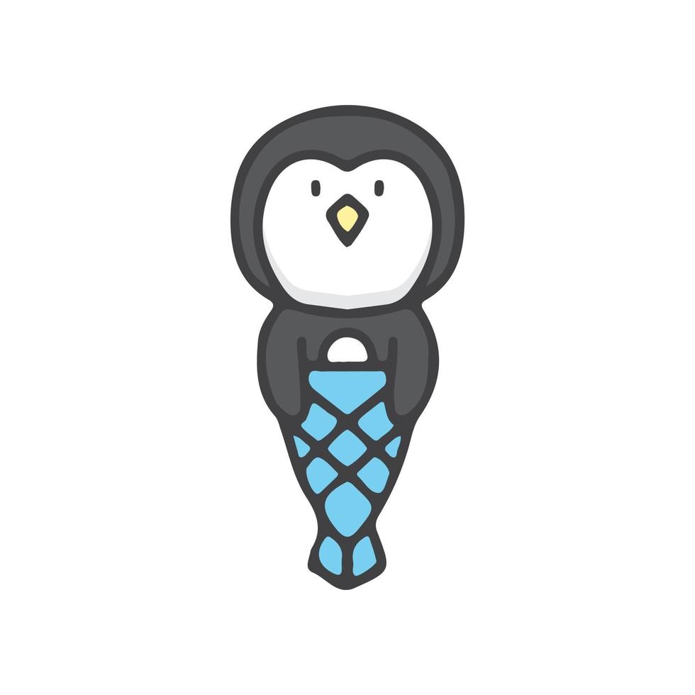 mascota de dibujos animados pingüino sirena. ilustración para camisetas, carteles, logotipos, adhesivos o prendas de vestir. vector