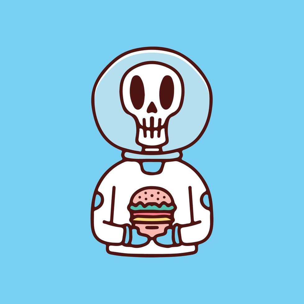 cráneo de astronauta con hamburguesa. ilustración para camisetas, carteles, logotipos, adhesivos o prendas de vestir. vector