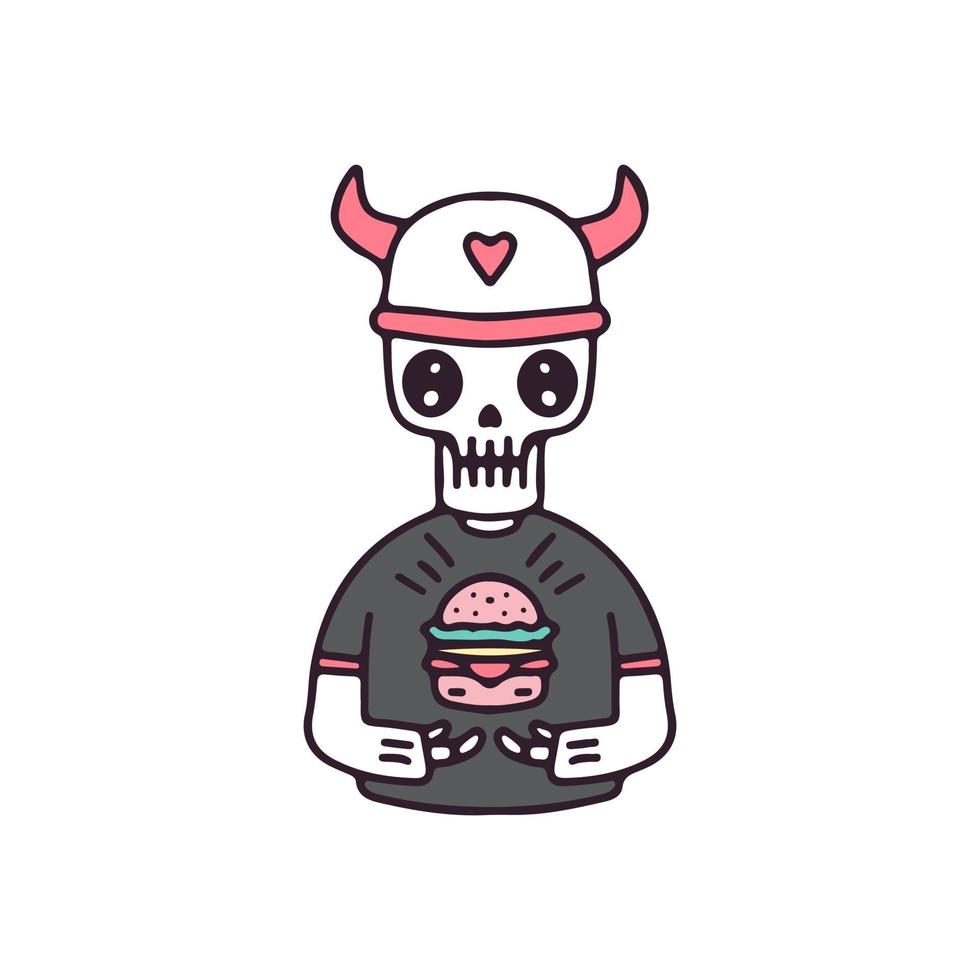 Cute viking skull with burger. illustration for t shirt, poster, logo, sticker, or apparel merchandise. vector