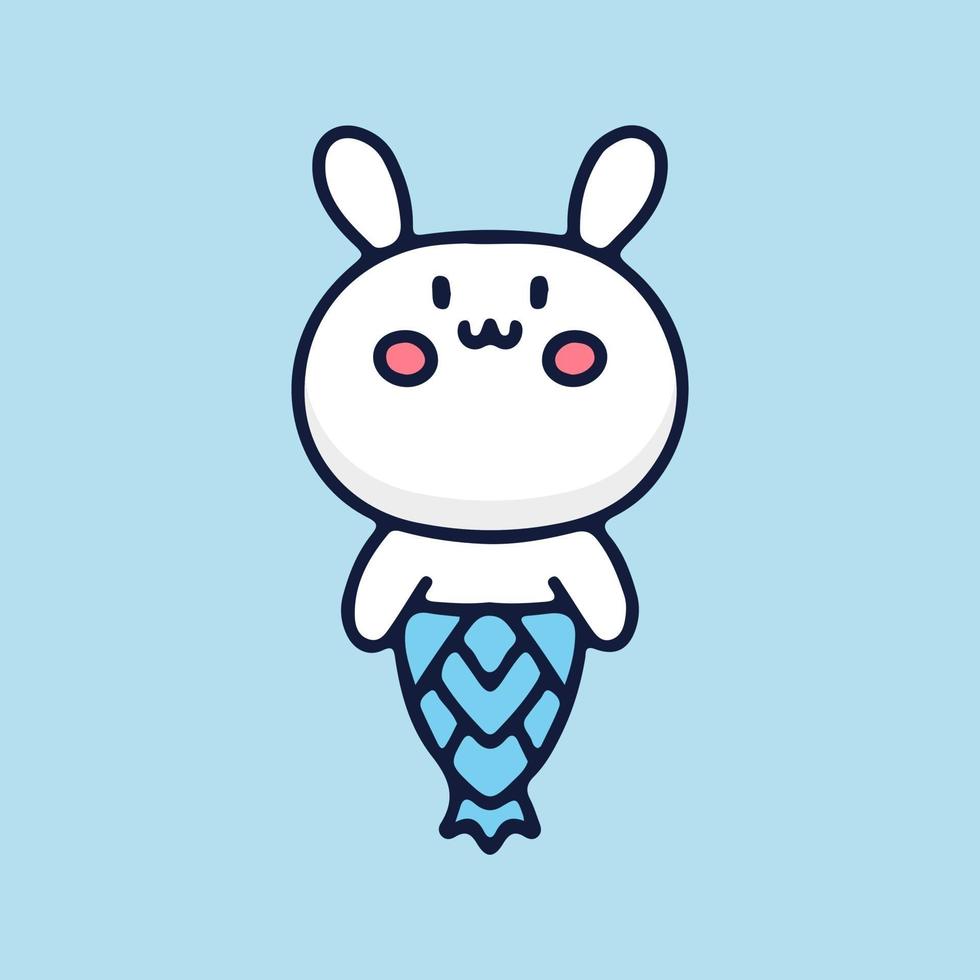 Kawaii bunny sirena mascota de dibujos animados. ilustración para camisetas, carteles, logotipos, adhesivos o prendas de vestir. vector