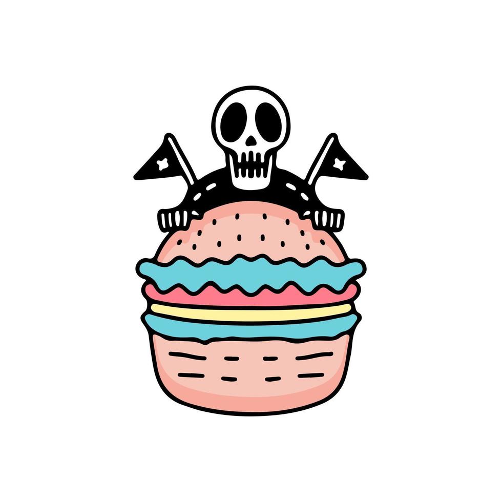 Retro skull and burger cartoon. illustration for t shirt, poster, logo, sticker, or apparel merchandise. vector