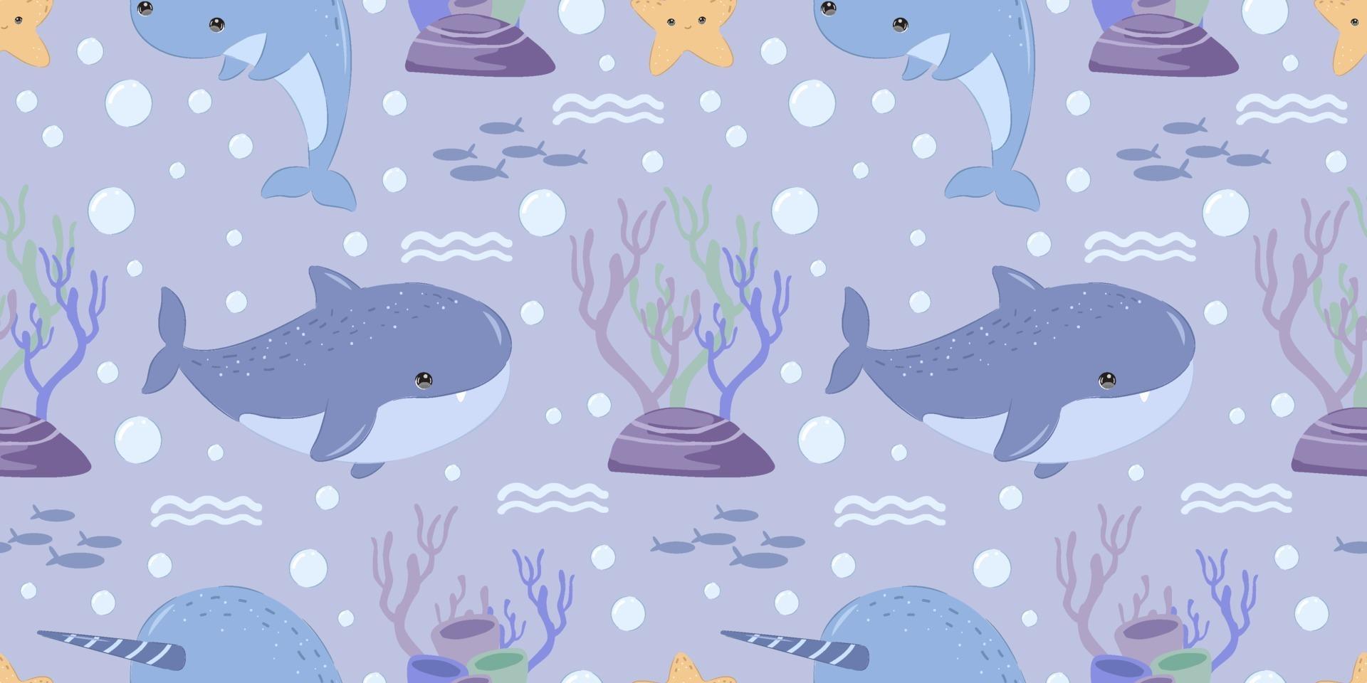 adorable shark and whale seamless pattern vector