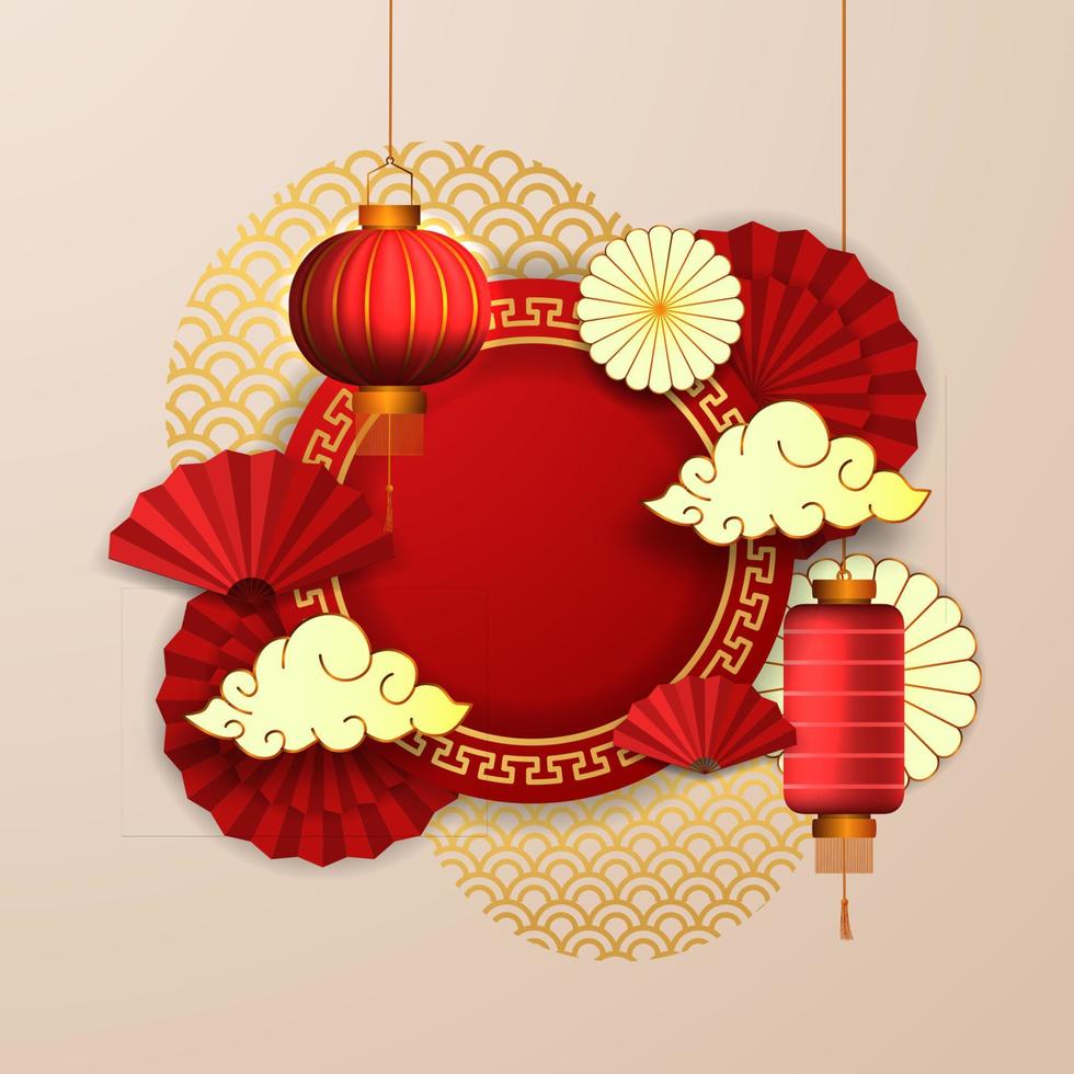 Happy chinese new year, red fan paper decoration hanging asian lantern traditional culture vector
