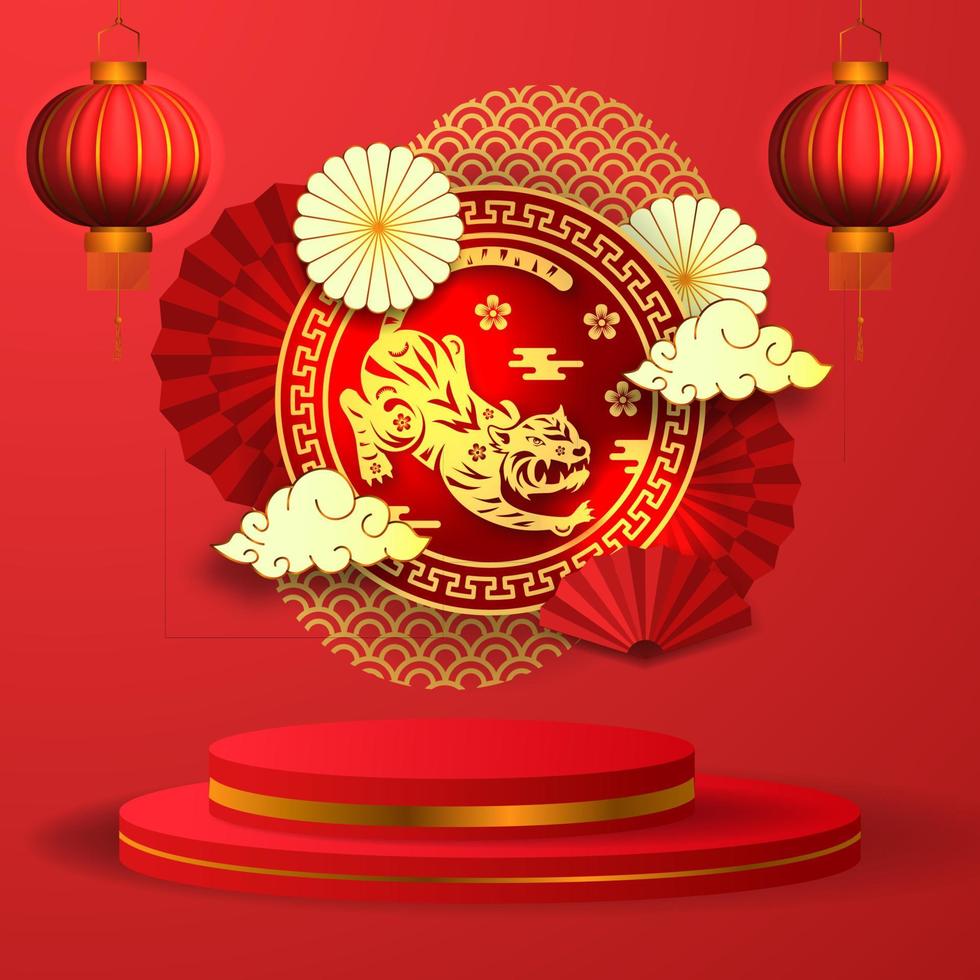 Happy chinese new year 2022 year of tiger, red fan paper decoration hanging asian lantern traditional culture with cylinder podium stage product display vector