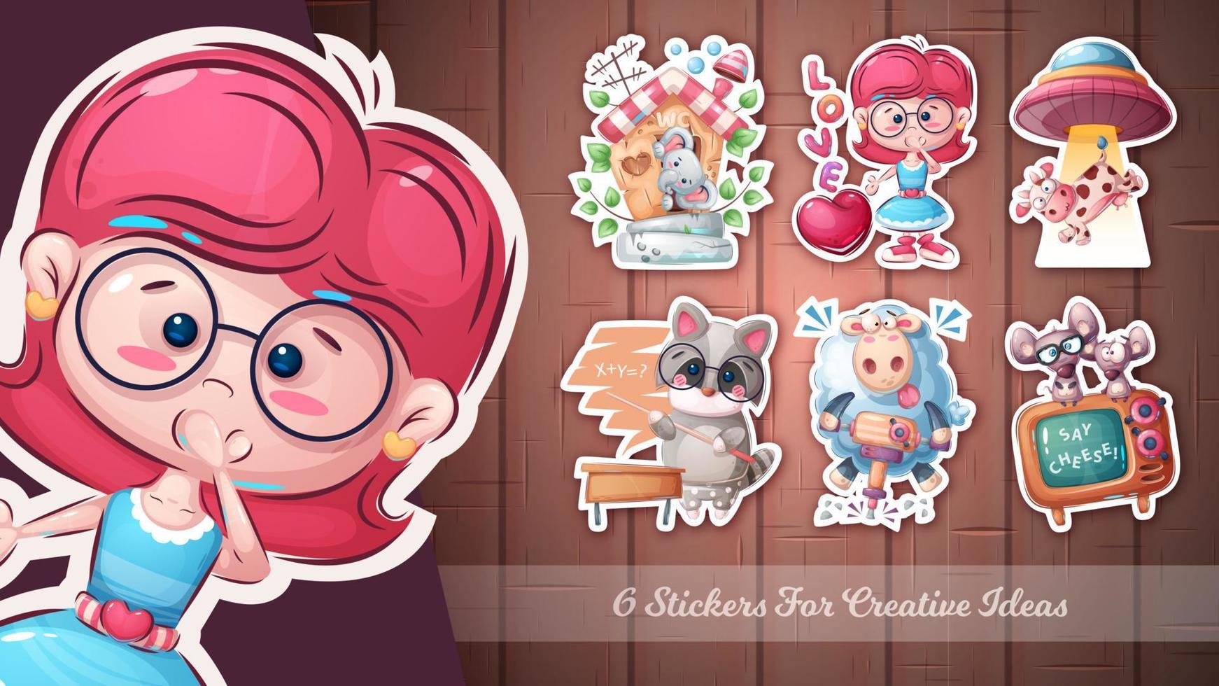 Set cartoon character sticker - elephant, girl, ufo, cow, raccoon, lamb, mouse, rat, tv. vector