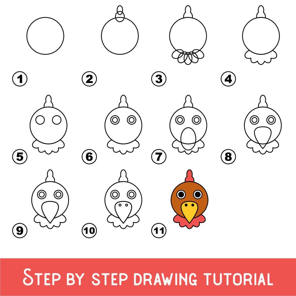 juego para niños para desarrollar habilidades de dibujo con un nivel de juego fácil para niños en edad preescolar, tutorial educativo de dibujo para cara de pollo. vector