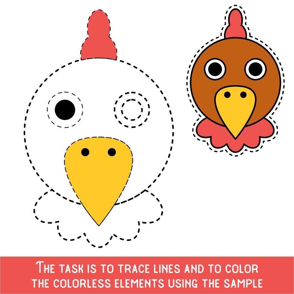 Color Chicken Face. Restore dashed lines. Color the picture elements. Page to be color fragments. vector
