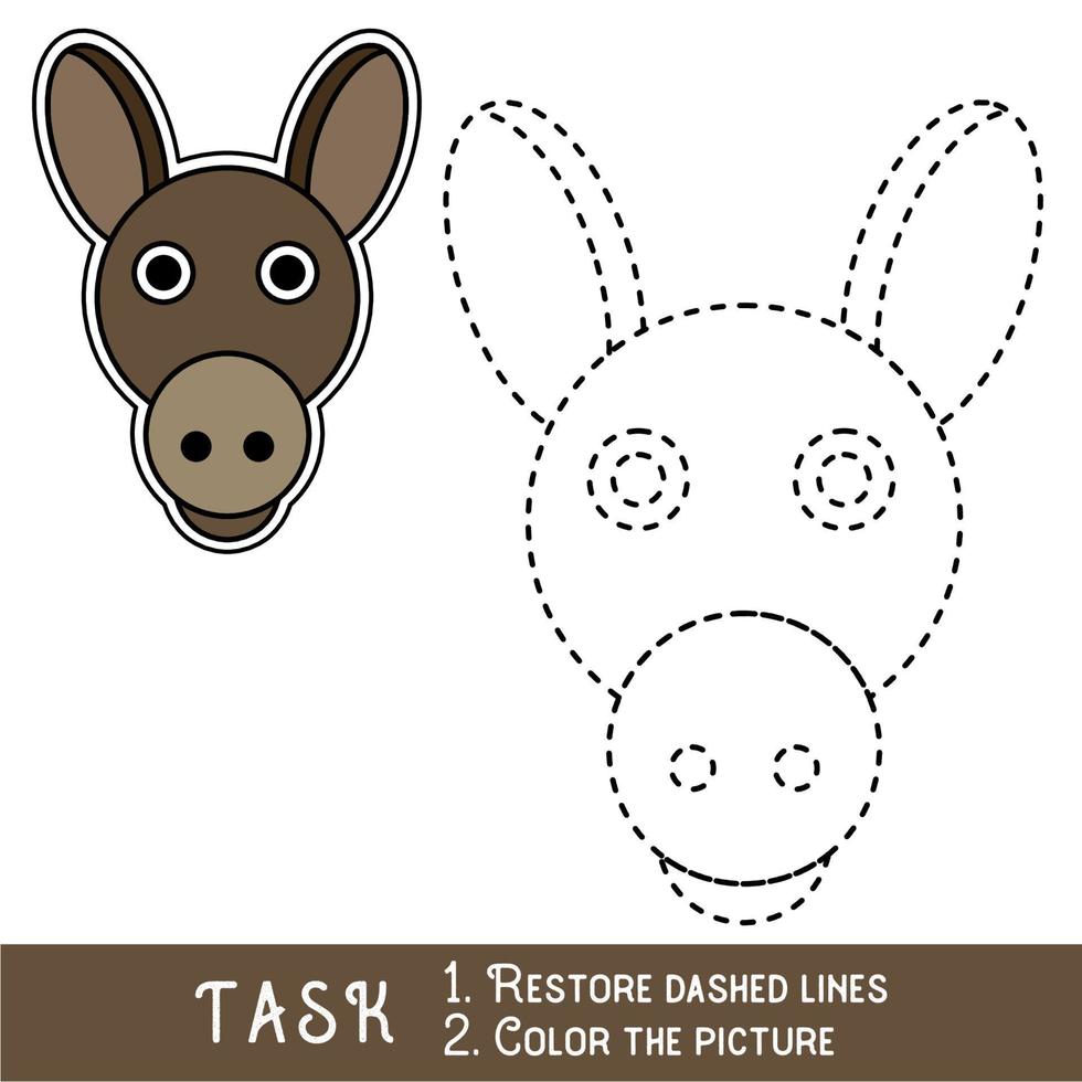 Drawing worksheet for preschool kids with easy gaming level of difficulty, simple educational game for kids one line tracing of Donkey Face. vector