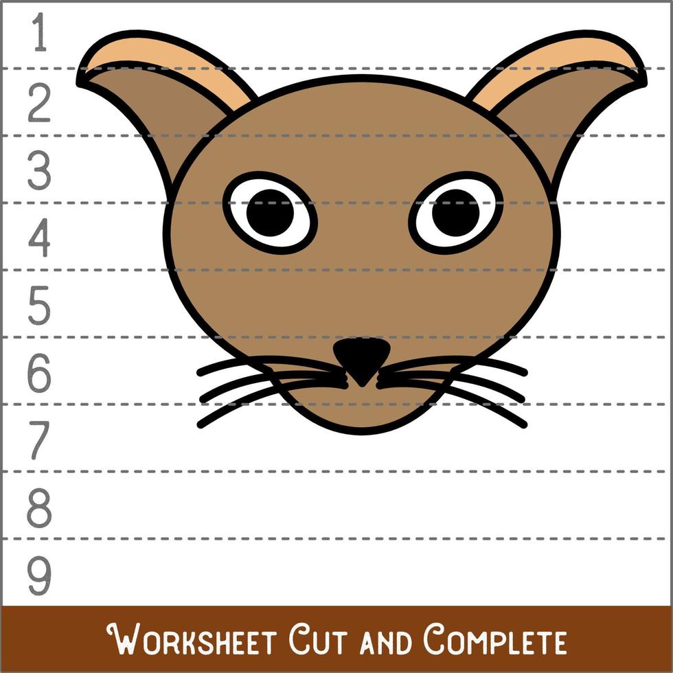 Worksheet. Game for kids, children. Math Puzzles. Cut and complete. Learning mathematics. Cat Face. vector