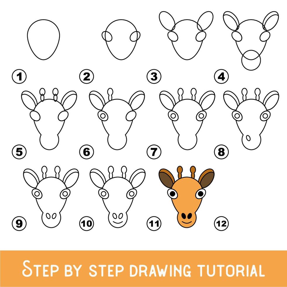 juego para niños para desarrollar habilidades de dibujo con un nivel de juego fácil para niños en edad preescolar, tutorial educativo de dibujo para cara de jirafa. vector