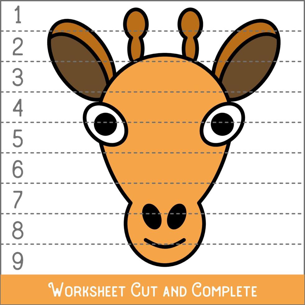 Worksheet. Game for kids, children. Math Puzzles. Cut and complete. Learning mathematics. Giraffe Face. vector