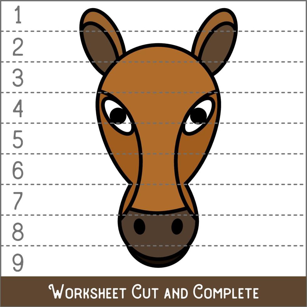Worksheet. Game for kids, children. Math Puzzles. Cut and complete. Learning mathematics. Horse Face. vector