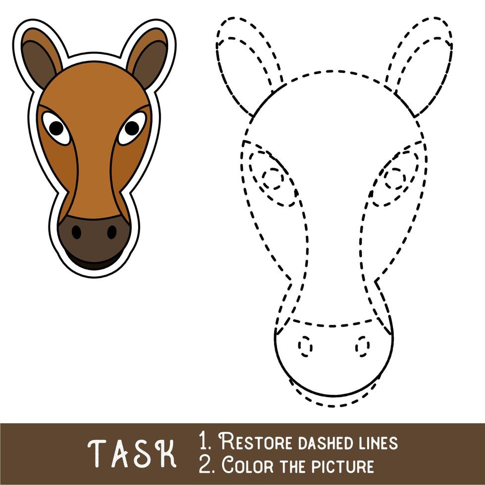 Drawing worksheet for preschool kids with easy gaming level of difficulty, simple educational game for kids one line tracing of Horse Face. vector