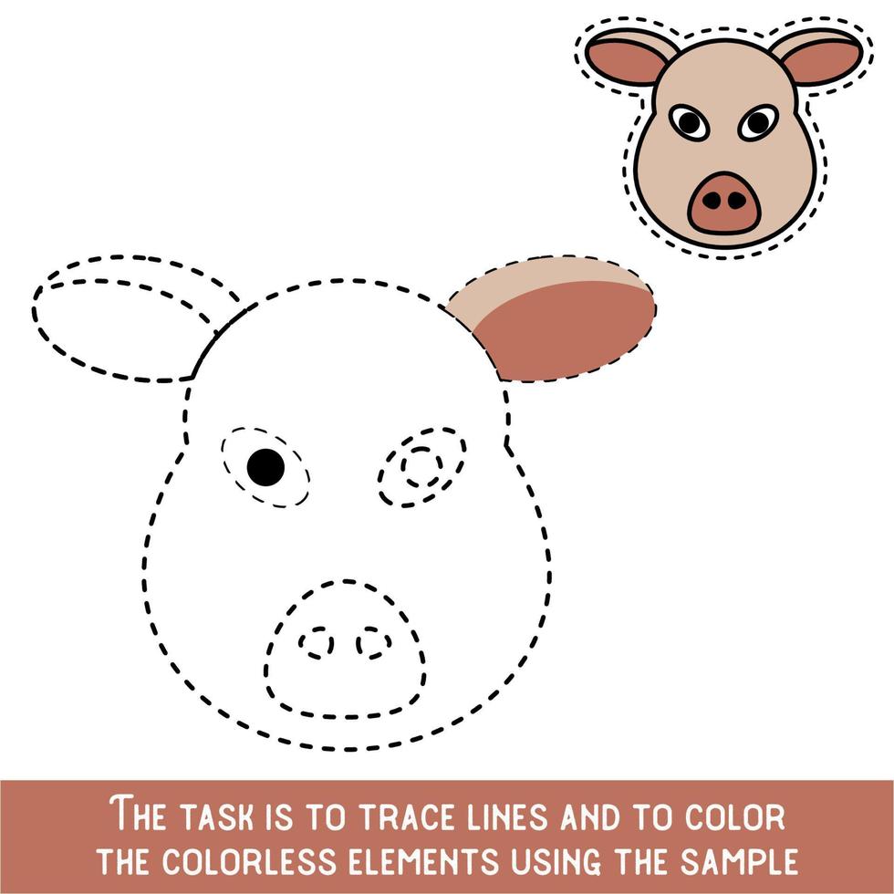 Color Pig Face. Restore dashed lines. Color the picture elements. Page to be color fragments. vector
