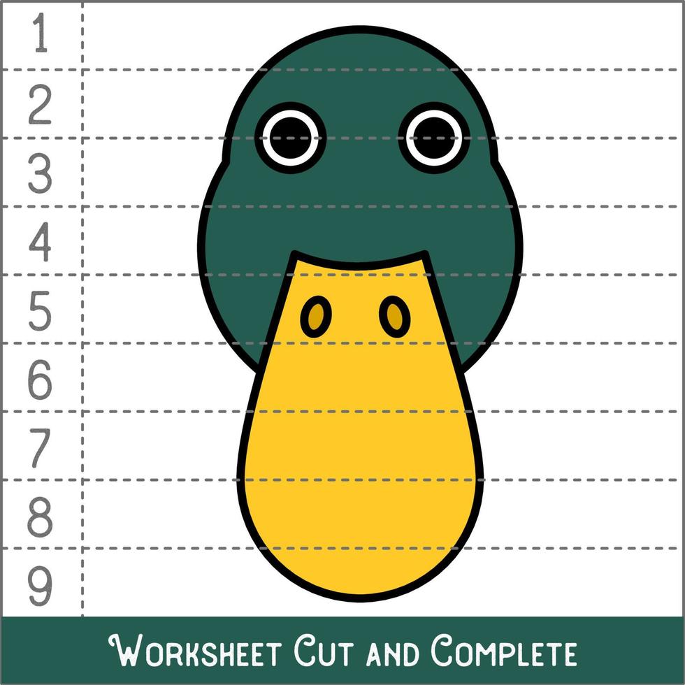 Worksheet. Game for kids, children. Math Puzzles. Cut and complete. Learning mathematics. Duck Face. vector