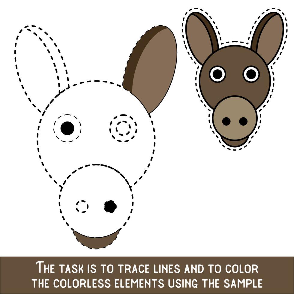 Color Donkey Face. Restore dashed lines. Color the picture elements. Page to be color fragments. vector