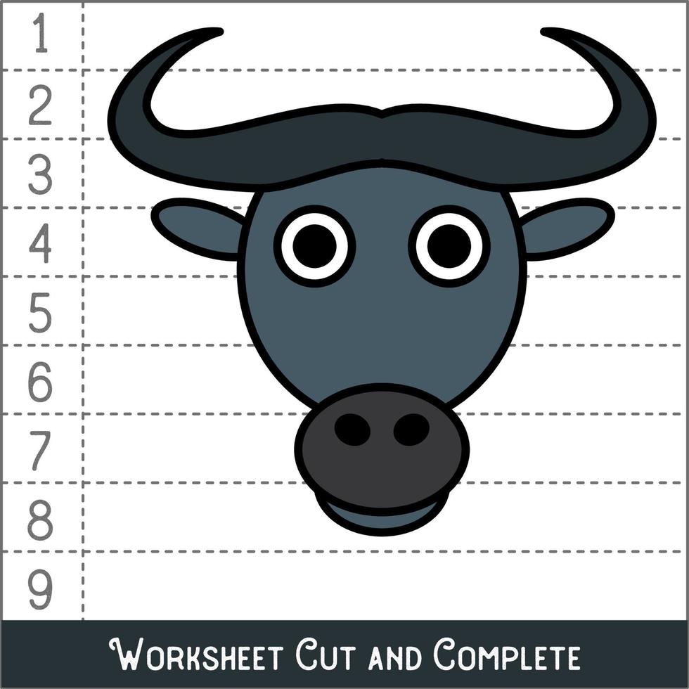 Worksheet. Game for kids, children. Math Puzzles. Cut and complete. Learning mathematics. Buffalo Face. vector