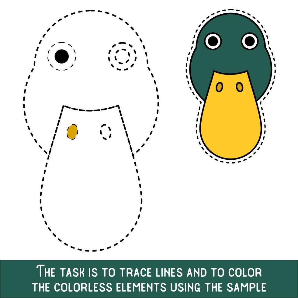Color Duck Face. Restore dashed lines. Color the picture elements. Page to be color fragments. vector