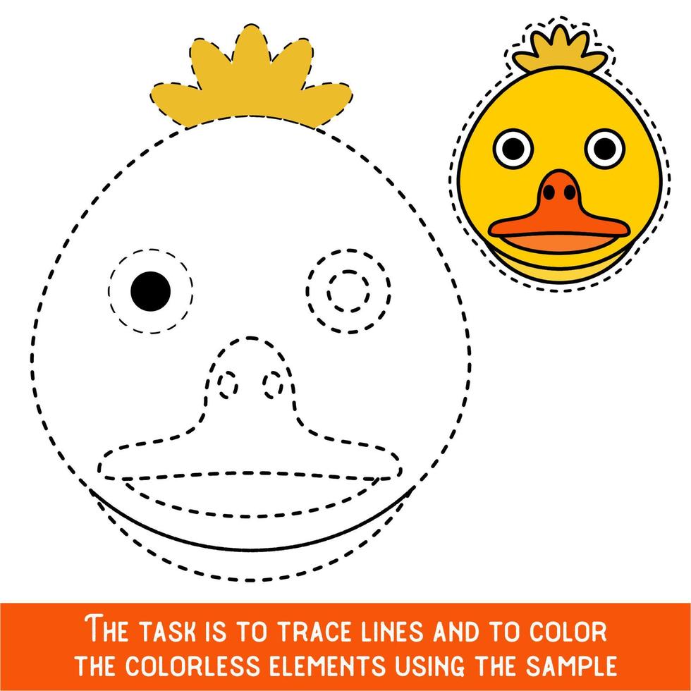 Color Duckling Face. Restore dashed lines. Color the picture elements. Page to be color fragments. vector