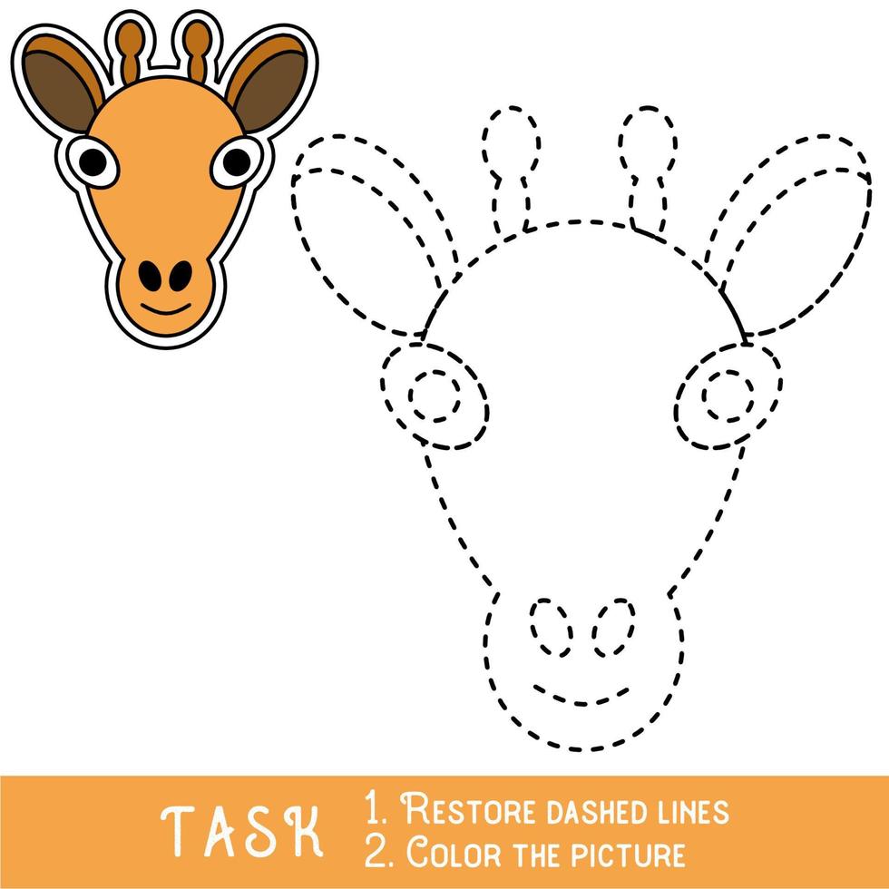 Drawing worksheet for preschool kids with easy gaming level of difficulty, simple educational game for kids one line tracing of Giraffe Face. vector