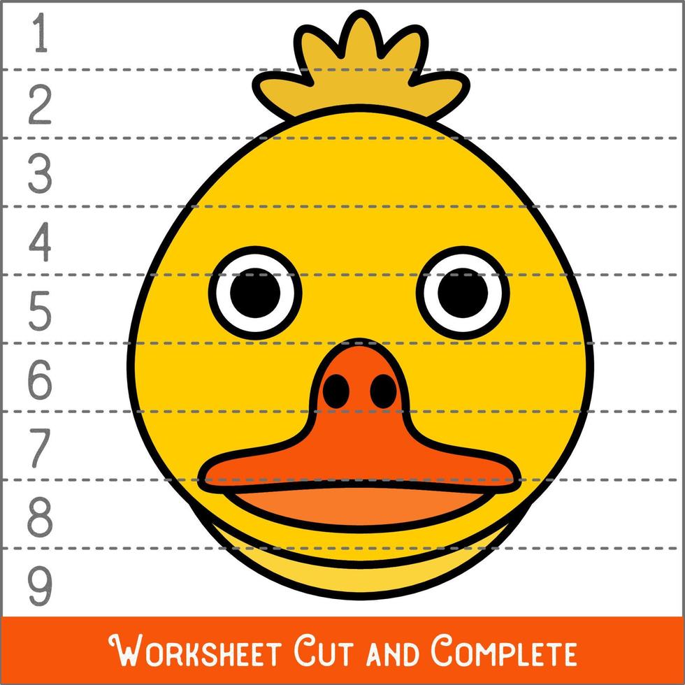 Worksheet. Game for kids, children. Math Puzzles. Cut and complete. Learning mathematics. Duckling Face. vector