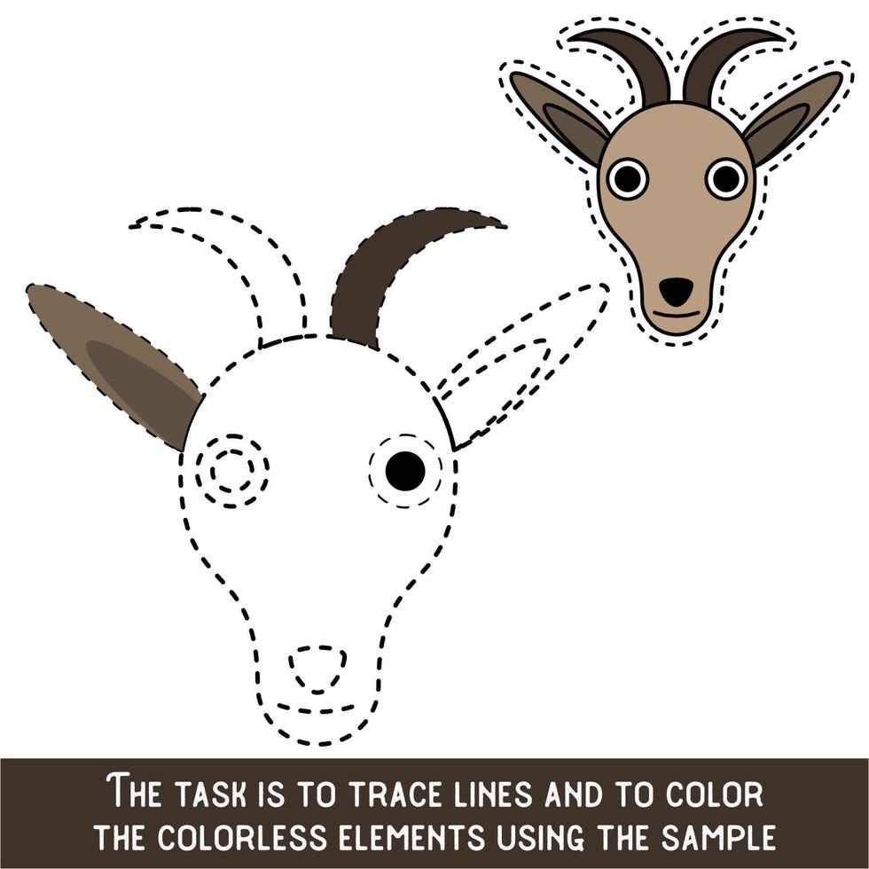 Color Goat Face. Restore dashed lines. Color the picture elements. Page to be color fragments. vector